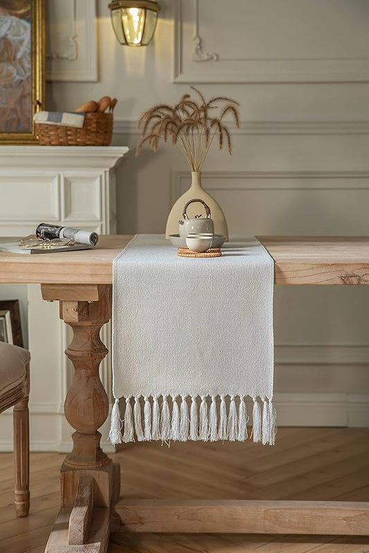 ZeeMart Light Grey Table Runners 108 Inches Long, Burlap Linen Style Rustic Farmhouse Table Runner, Long Boho Dining Table Runner, 13x108 Inches, Light Grey