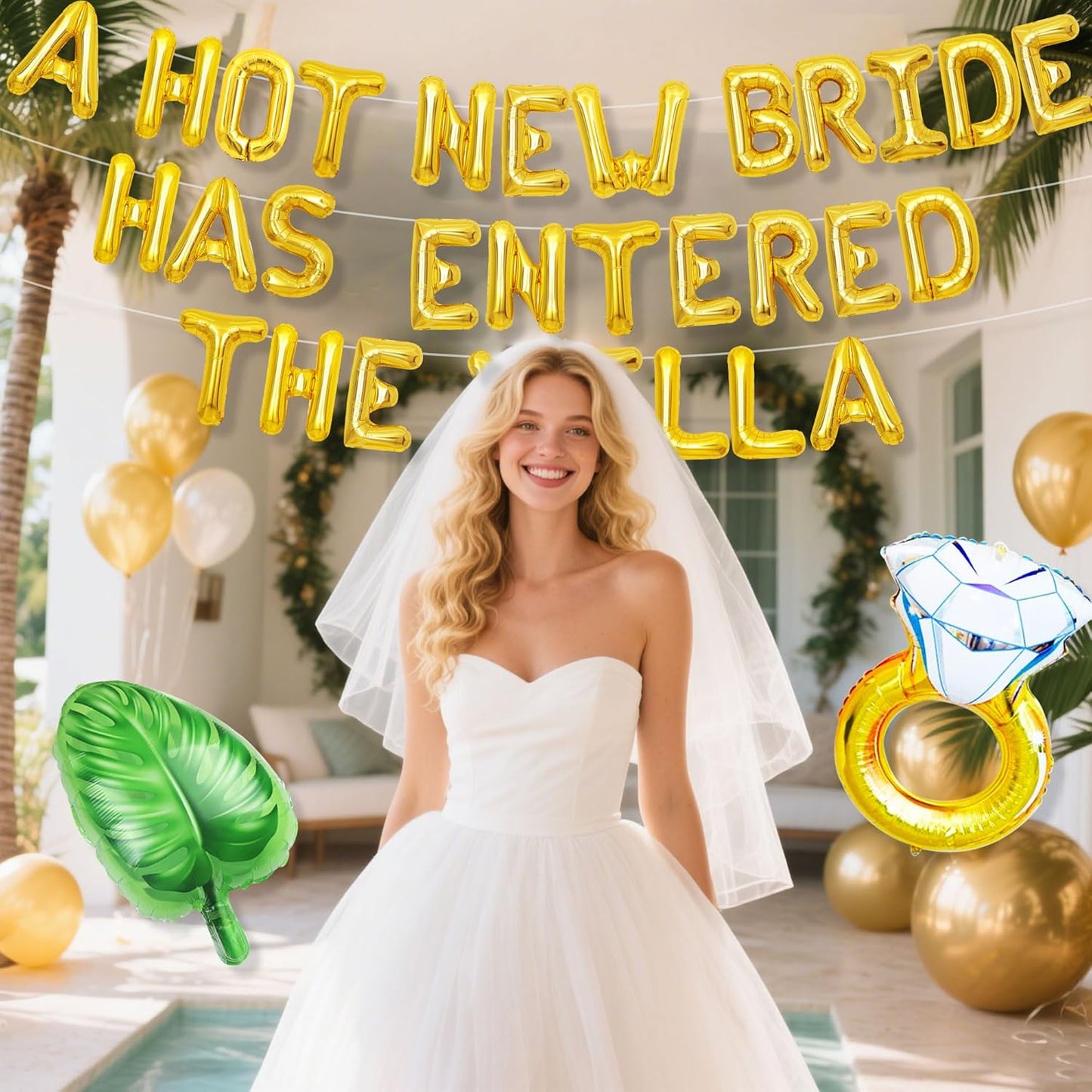 A Hot New Bride Has Entered The Villa Banner Balloons Palm Tree Ring Mylar Balloon for Love Island Themed Bachelorette Party Decorations