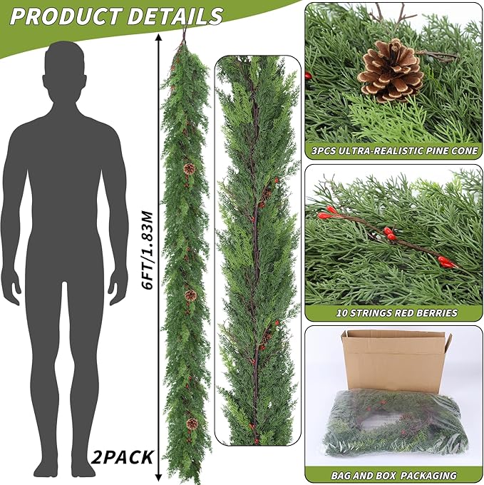 2 Pack 6FT Real Touch Christmas Garland with Pine Cone Artificial Realistic Faux Green Cedar Pine Garland,Thick and Lush, Lifelike Cedar Garland for Fireplace Indoor Outdoor Holiday Party Decoration