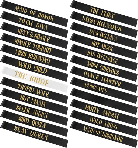 24 Pcs Bride Sash Bachelorette Party Bridesmaid Sashes Set Bridal Team Sash Bachelorette Party Sashes Bridal Shower Decorations Bride Gifts for Bridesmaids Maid of Honor(White Black)
