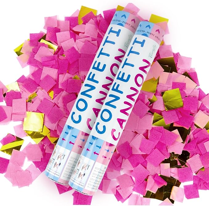 2 Pack Gender Reveal Confetti Cannon, 12 in Pink Square shaped Paper Party Poppers Cannons, Confetti Poppers For Baby Girl Gender Reveal Baby Showers (Square, Pink)