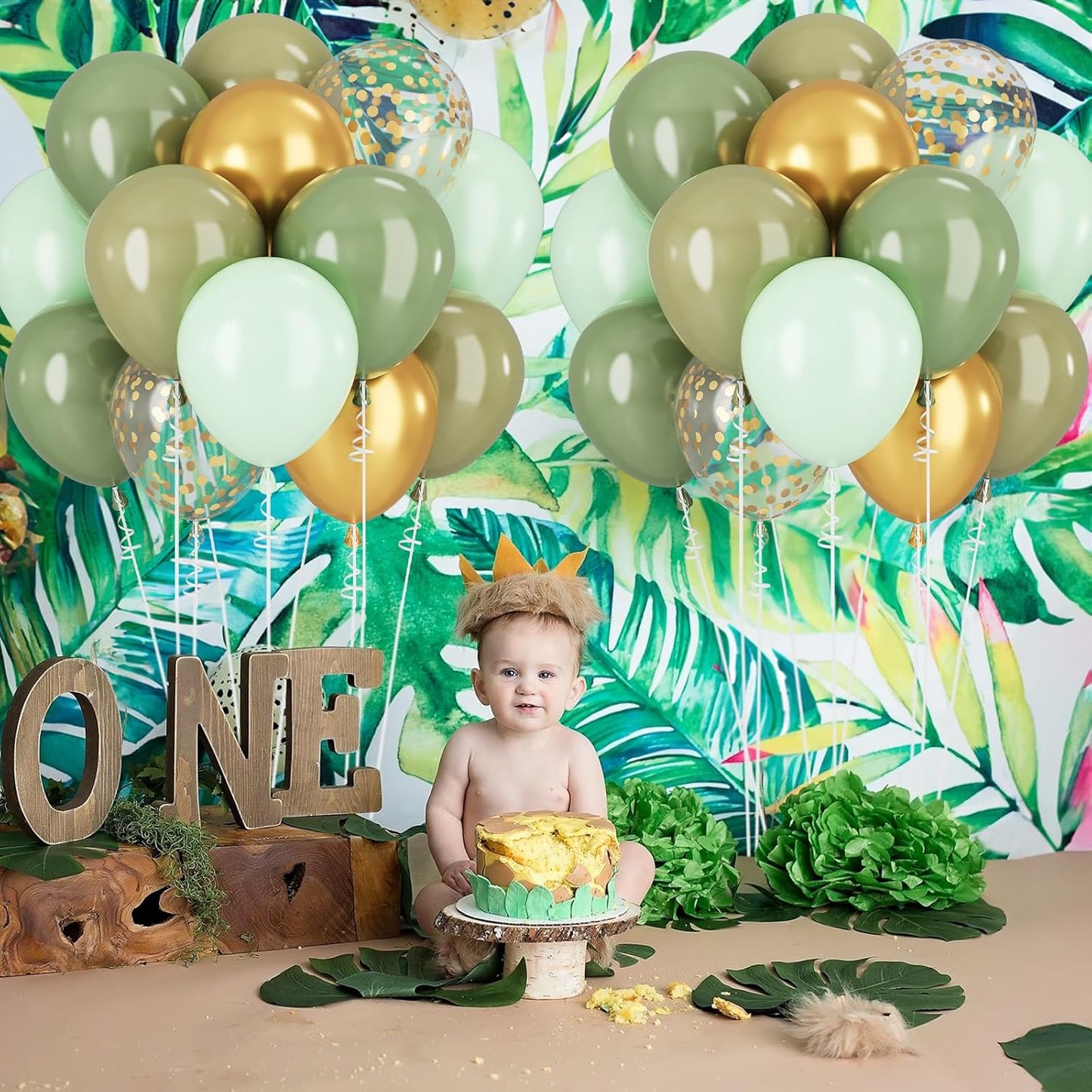 Green and Gold Balloons Sage Green Gold Confetti Balloons for Jungle Safari Party Lion Birthday Decorations Retro Olive Balloons for Arch 60PCS 12INCH Pastel Green Latex Helium Balloon Wild Animal