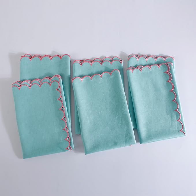 FINGERCRAFT Cloth Napkins, Everyday Use Reversible Scallop Design, Premium Quality Cotton Linen Blend Napkin Set of 6 Perfect for Parties Dinners Weddings Easter Napkin Cloth 20x20 Inch Aqua
