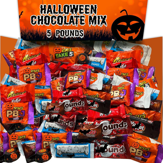 Halloween Chocolate Candy Bulk Mix, 5 Lbs Individually Wrapped Halloween Themed Fun Size Bars in Trick or Treat Tote, Dark and Milk Chocolate Assortment, HERSHEYCookies N Cream Fangs, Dark Cups