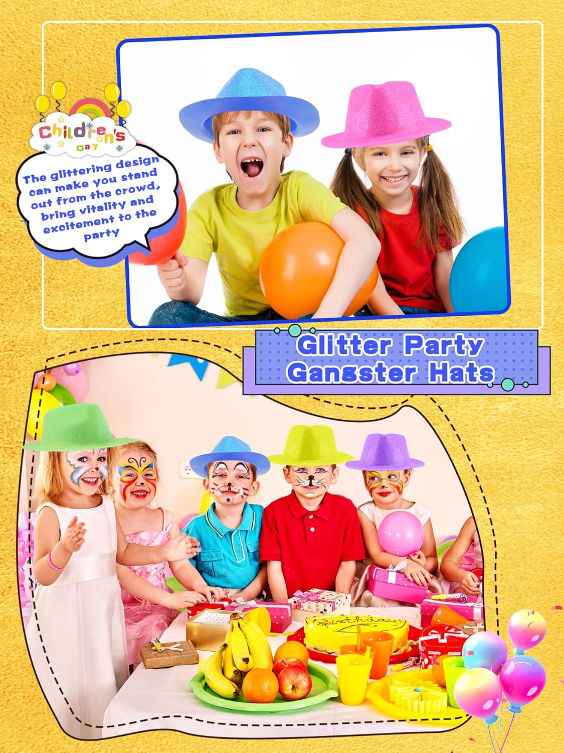 24 Pcs Neon Party Hats Bulk Plastic Fedora Party Hats Glitter Party Gangster Hats for Adult Kids Party Supplies
