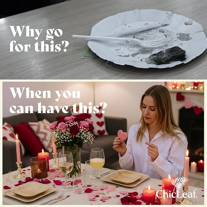 Chic Leaf Palm Leaf Plates 8 Inch - Disposable Bamboo Style Square Dinnerware for Winter Events & Ideal for Romantic Dinner for 2 - Heavy Duty, Compostable Serving Dish for Appetizers & Desser