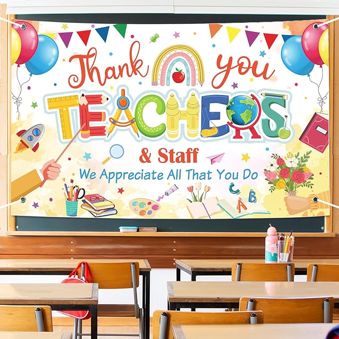 Happy Teacher Day Banner Teacher Appreciation Week Decorations Flag Outdoor 71x44 Inch School Classroom Backdrop,Thank You Teacher Gifts for Indoor Home Party Supplies,Yard Sign Photography Background