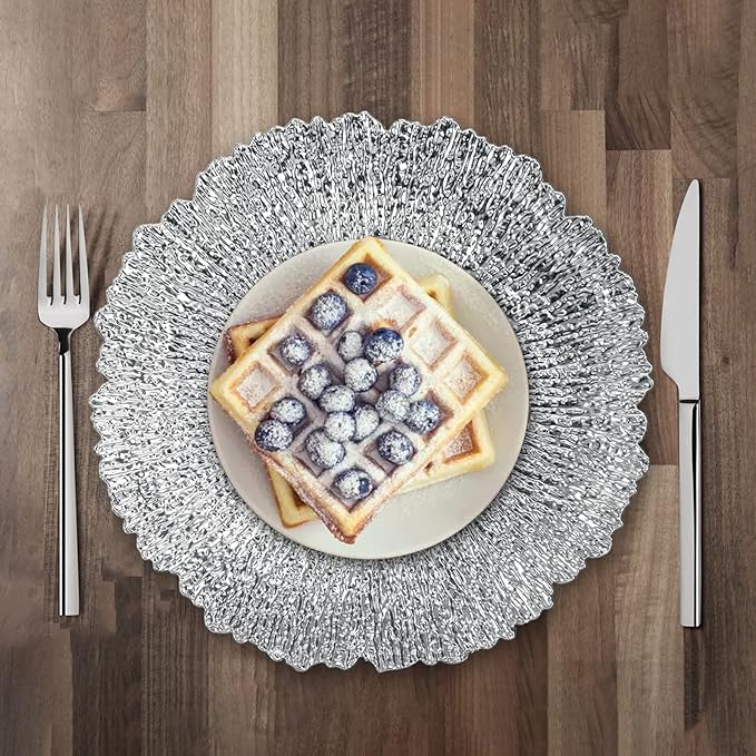 Coloch Set of 12 Plastic Charger Plates, 13" Reusable Reef Serving Chargers for Dinner Plate Round Shiny Decorative Charger Plate for Wedding, Catering, Parties, Restaurant, Home Dinner Use (Silver)