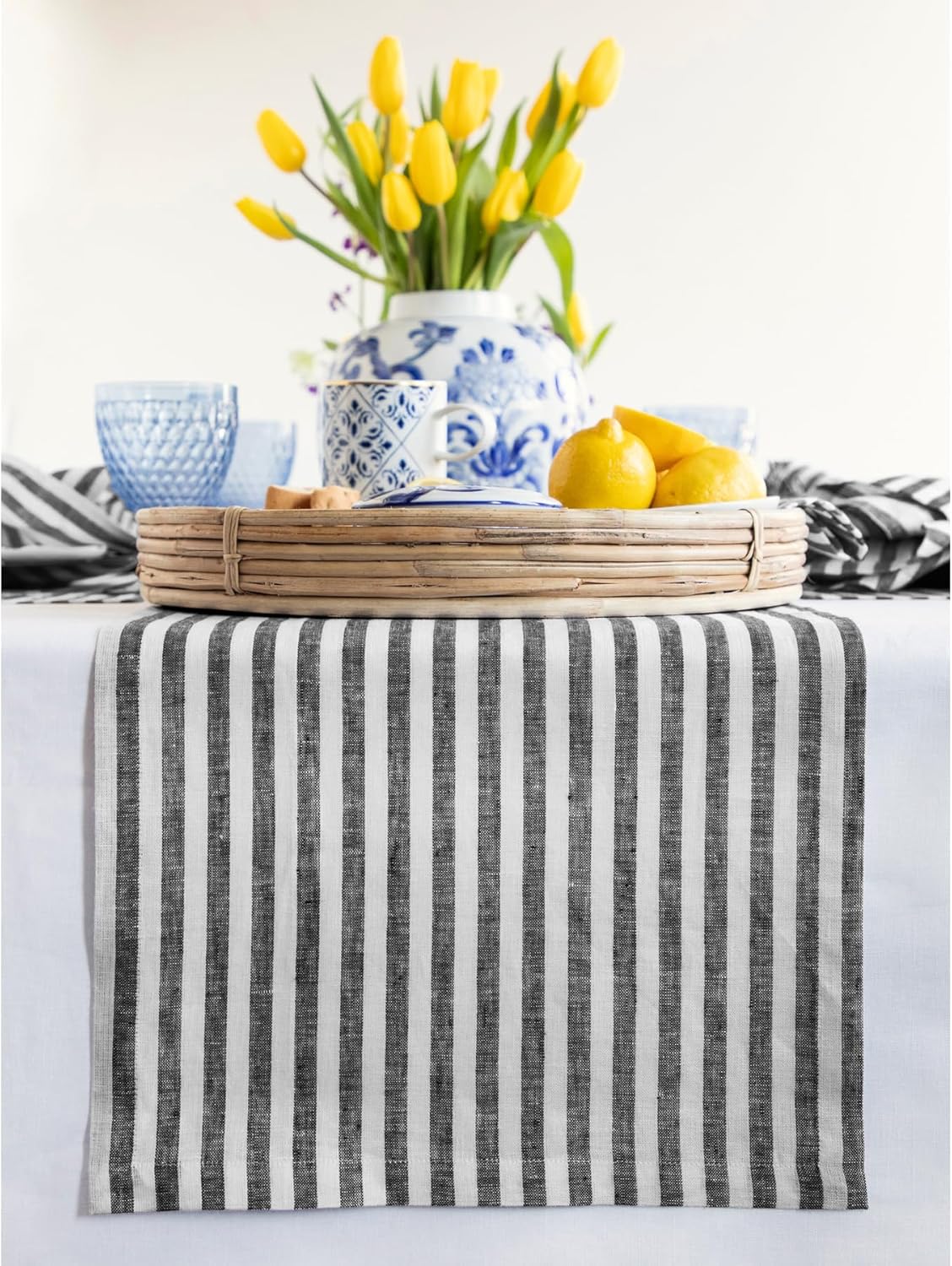 Solino Home Linen Table Runner 144 Inches Long - Amalfi Stripe, 100% Pure Linen Black and White Table Runner 14 x 144 Inch for Dining