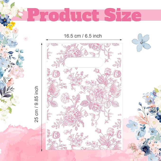 Supervitae 100 Pcs Plastic Pink Gift Bags Flower Party Favor Bags Bulk with Handles for Valentine Mother's Day Birthday Spring Wedding Bridal Baby Shower Snacks Goodies Candy Treat Tea Party Supplies