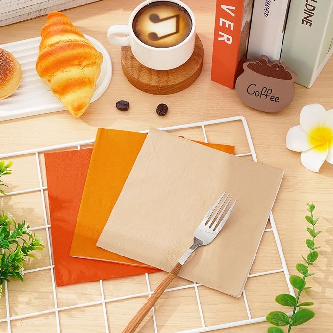 Whaline 150Pcs Orange Cocktail Napkin 3 Colors Fall Paper Napkin Disposable Beverage Napkins for Autumn Harvest Thanksgiving Home Party Birthday Wedding Table Decor Supplies