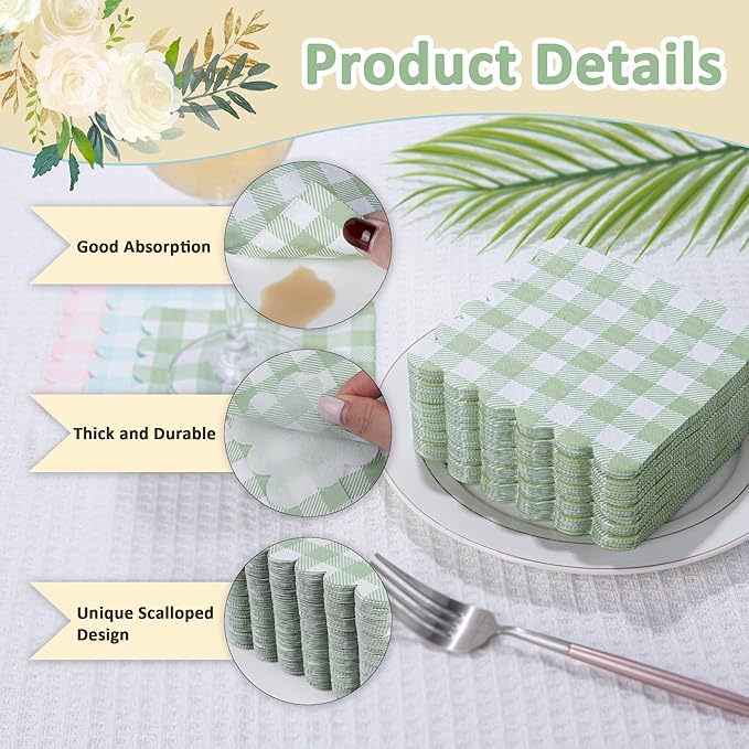 100 Pcs Sage Green Napkins Scalloped Plaid Cocktail Napkins Folded 5 x 5 Inches Disposable Napkins for Wedding Birthday Party