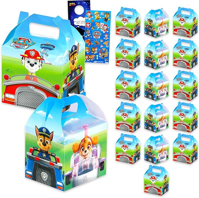 Paw Patrol Treat Boxes Set for Celebrations - Bundle with 16 Favor Boxes for Birthdays, Prizes, Plus Stickers, More | Paw Patrol Party Favors for Boys, Girls