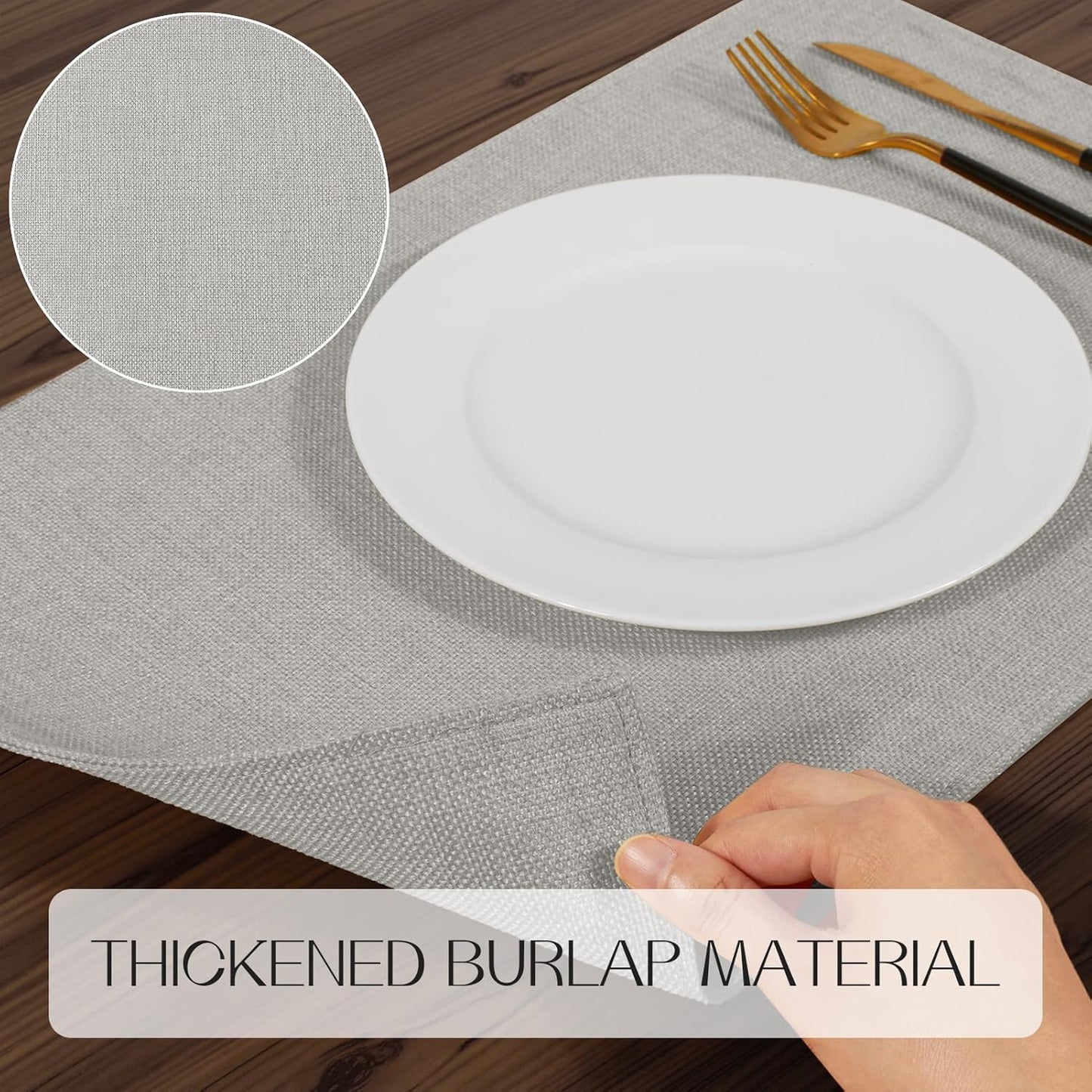 Romanstile Cloth Placemats Set of 4-12 x 18 Inch, Heat Resistant Double Layered Thickened Burlap Place Mats, Washable Linen Farmhouse Table Mats for Kitchen/Dining/Party/Outdoor, Light Grey