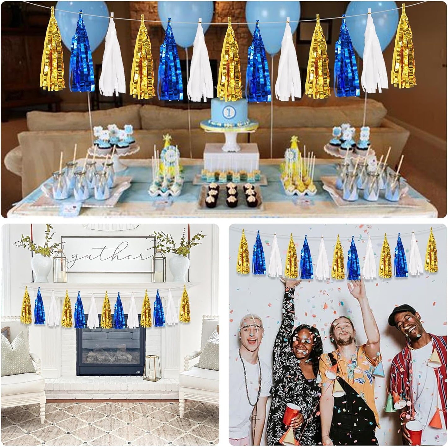 BEISHIDA 3 Packs Blue Gold White Metallic Foil Fringe Tassel Garland, Tassels Banner Streamers for Car Floats Bridal/Baby Shower Birthday Wedding Halloween Christmas Holiday Party Decoration