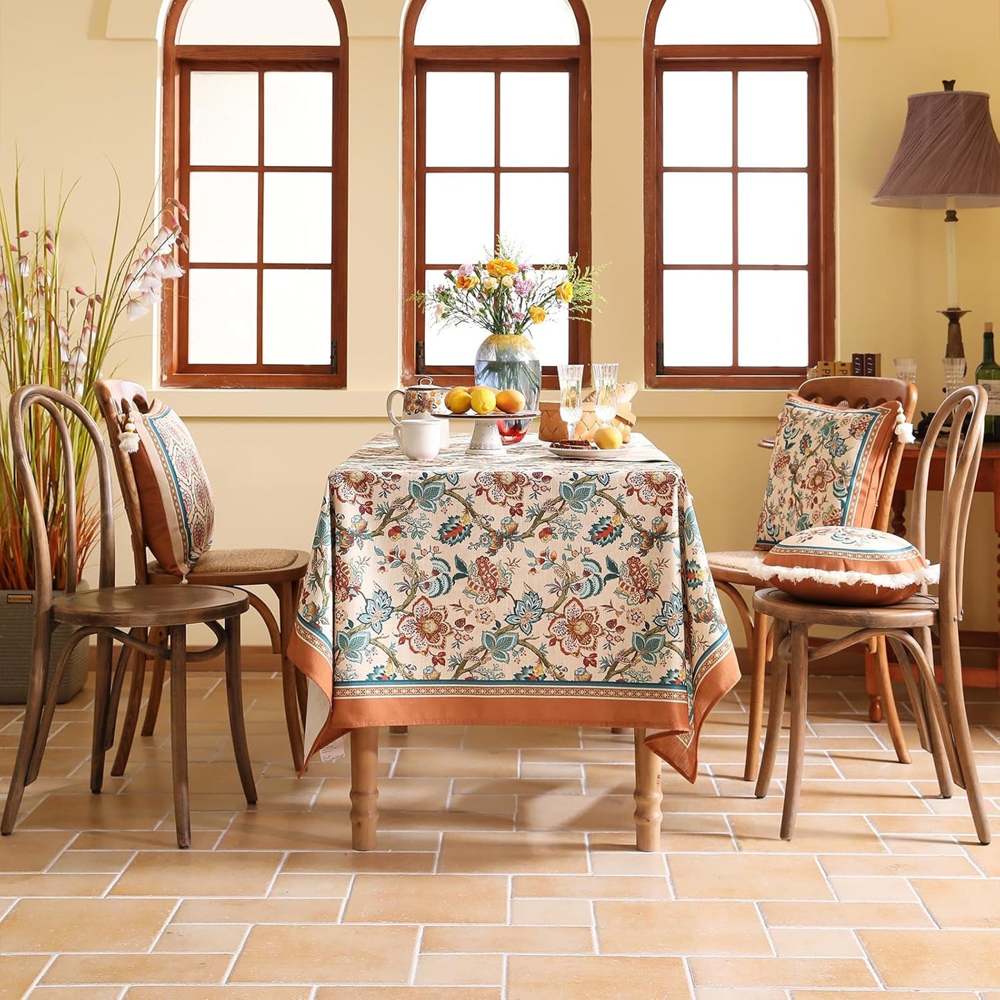 Linen Colorful Floral Rectangle Tablecloth,Vintage Indian Colorfast Block Print Table Cloth,Decorative Table Cover for Kitchen,Dining,Thanksgiving,Christmas,Party,55"*87"-Mangala