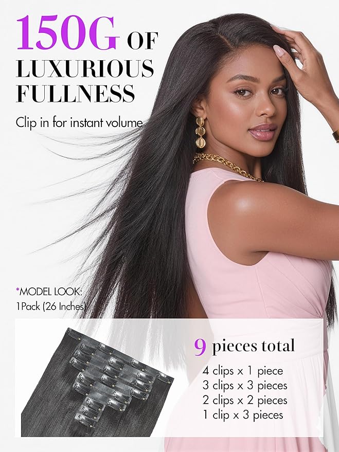 LUVME Yaki Straight Seamless 150g 7Pcs Clip in Hair Extensions, Full Volume with 14 Inch Natural Black, 100% Real Soft Remy Human Hair, Adds Fuller Hair for Daily Wear & Special Occasions