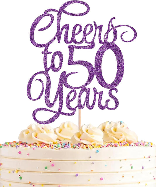 Cheers to 50 Years Cake Topper - Deep Purple Glitter 50th Birthday Cake Decorating Supplies, Perfect for 50th Anniversary or Fifty Birthday Party, Photo Booth Props