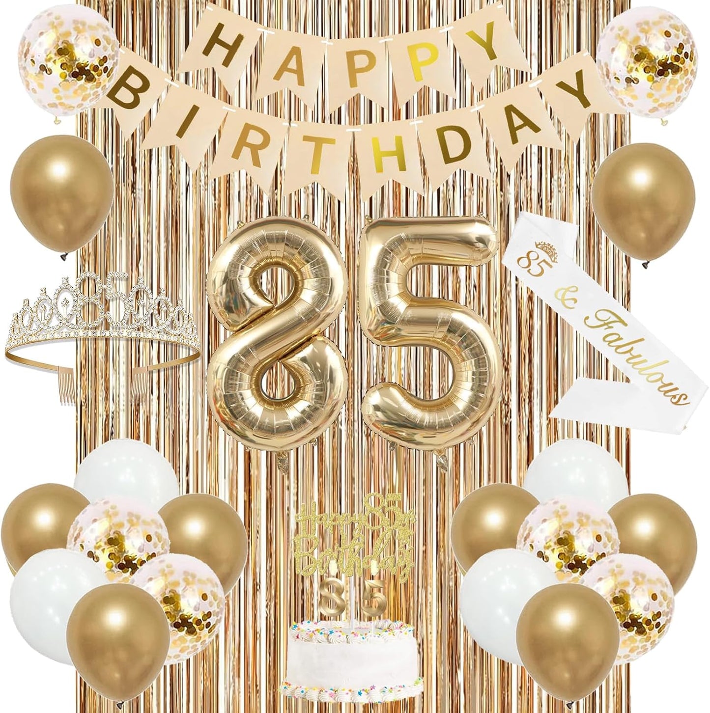 Trgowaul 85th Birthday Decorations for Women, Banner, Sash and Crown, Cake Topper, 85 Number Balloon, Fringe Curtains, Champagne Gold 85th Birthday Party Supplies