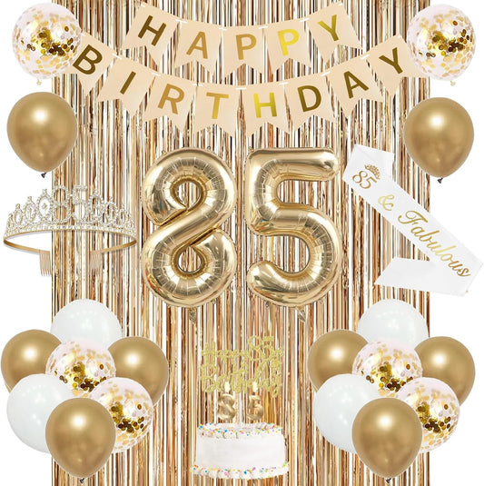 Trgowaul 85th Birthday Decorations for Women, Banner, Sash and Crown, Cake Topper, 85 Number Balloon, Fringe Curtains, Champagne Gold 85th Birthday Party Supplies