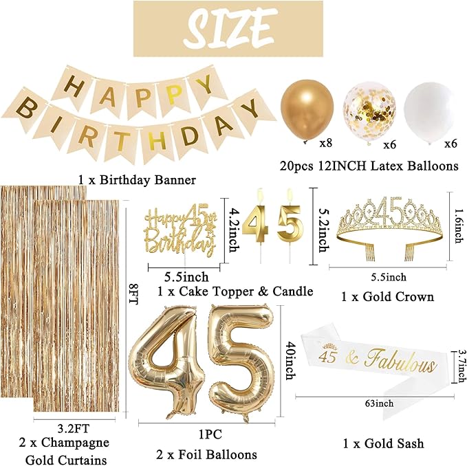 Trgowaul 45th Birthday Decorations for Women, Banner, Sash and Crown, Cake Topper, 45 Number Balloon, Fringe Curtains, Champagne Gold 45th Birthday Party Supplies