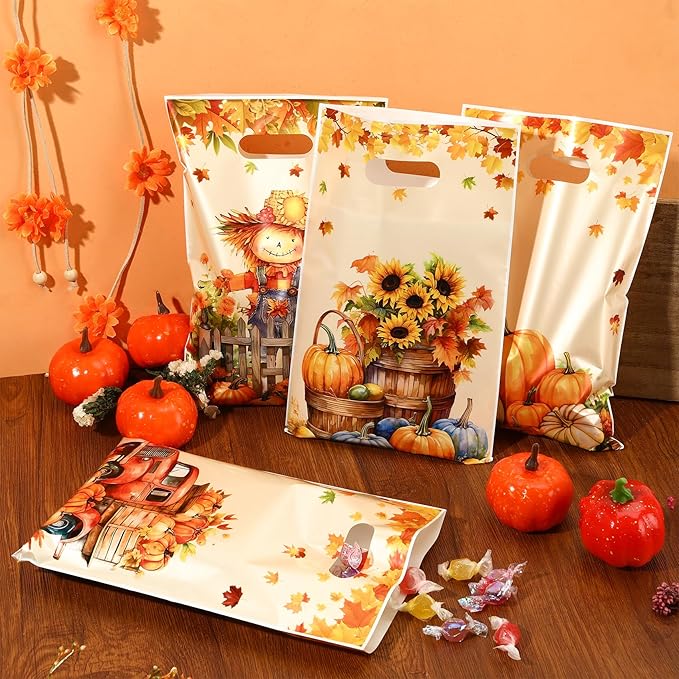 Fall Thanksgiving Treat Bags, 60 PCS Fall Thanksgiving Gift Bags with Handles, 9.8x6.5 Inch Plastic Maple Leaf Pumpkin Scarecrow Candy Goodie Cookies Bag for Falls Autumn Haverst Party Favor Supplies