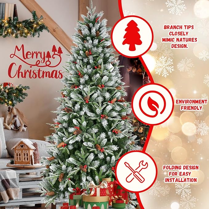 7.5FT Frosted Artificial Christmas Tree with 2514 PE+PVC Branch Tips, Realistic Unlit Christmas Tree with Red Berry and Pine Cone, Memory Wire Hinged Full Xmas Tree with Metal Base for Party, Holiday