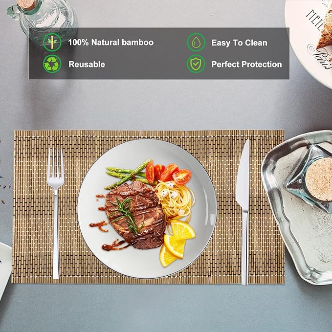 ANDSTAR Set of 4 Weave Bamboo Placemat Modern Table Natural Anti-Slip Bamboo Placemats Washable Heat-Resistant Table Mats for Kitchen Dinning Room Table Decor(12x24 inch,Brown)