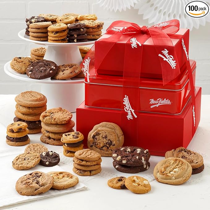 Mrs. Fields Crimson Traditional Cookie Tower - Assorted with 22 Original Sized Cookies and 78 Nibblers Bite-Sized Cookies in our 5 Classic Flavors (100 Count)