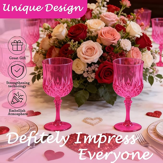Plastic Wine Glasses, Plastic Goblets Vintage Style Cordial Unbreakable Drinking Glasses, Reusable Drinkware for Wedding Reception, Grand Event Party Supplies, Easter (12, Hot Pink)
