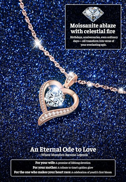 Valentines Day Gifts for Her - Heart Pendent Necklaces for Women, 1-3ct Moissanite Necklace with I love U Engraving - Anniversary Birthday Gifts for Wife, Girlfriend, Mother, 925 Silver Jewelry