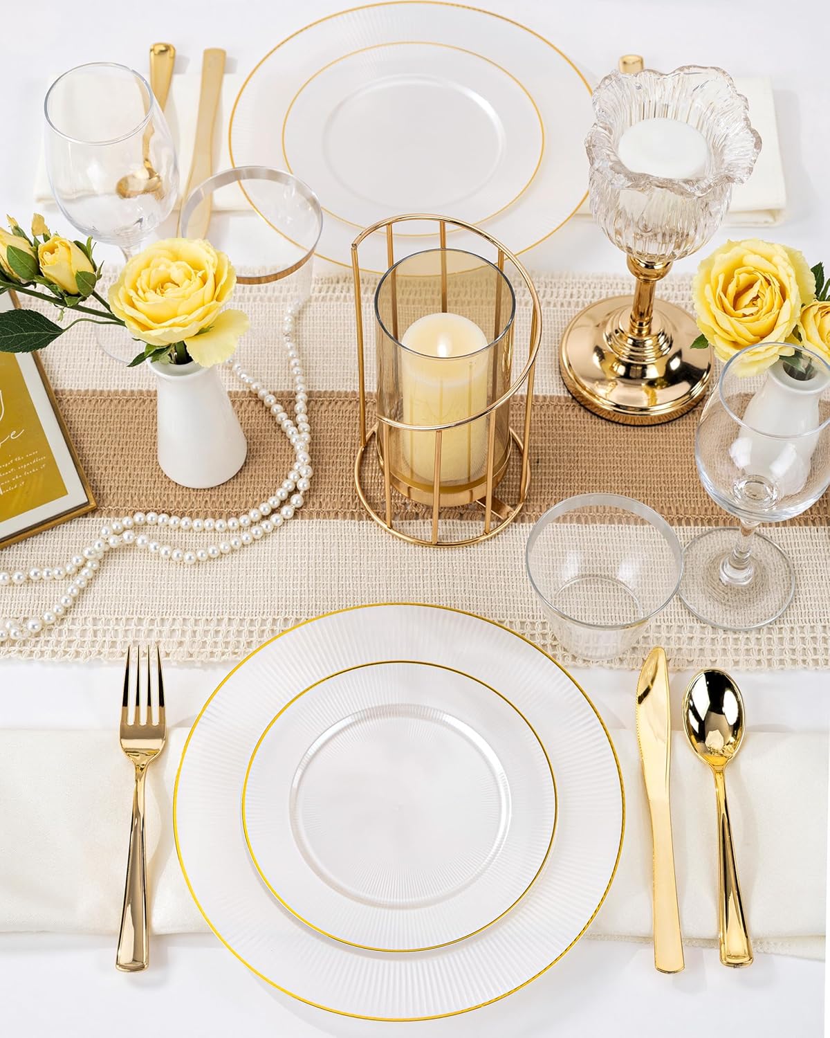 Hioasis 60pcs White and Gold Plastic Plates - White Disposable Dinnerware Set, 30pcs Dinner 10.25in & 30pcs Dessert 7.5in Plates with Striped Designs for Party & Thanksgiving