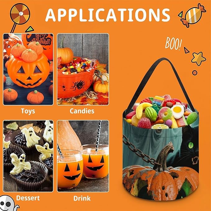 Halloween Candy Bucket - Halloween Black Cat Pumpkin Trick Or Treat Candy Bag, Gift Bag for Party Favor Supplies