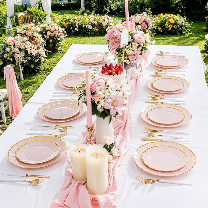 supernal 60pcs Pink and Gold Plastic Plates Fancy Elegant Disposable Scalloped Plastic Plates Heavy Duty Disposable Dinnerware Set for Parties, Bridal Shower,Weddings & Birthdays