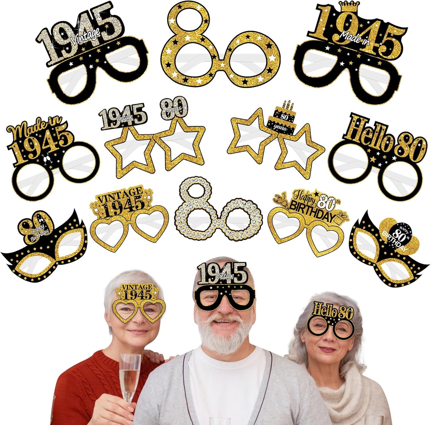 24Pcs 1945 80th Birthday Paper Glasses Decorations for Men Women - Black Gold Happy 80th Birthday Paper Eyeglasses Photo Props, Vintage 1945 Eighty Years Old Birthday Party Supplies