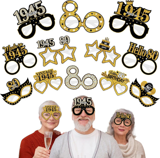 24Pcs 1945 80th Birthday Paper Glasses Decorations for Men Women - Black Gold Happy 80th Birthday Paper Eyeglasses Photo Props, Vintage 1945 Eighty Years Old Birthday Party Supplies