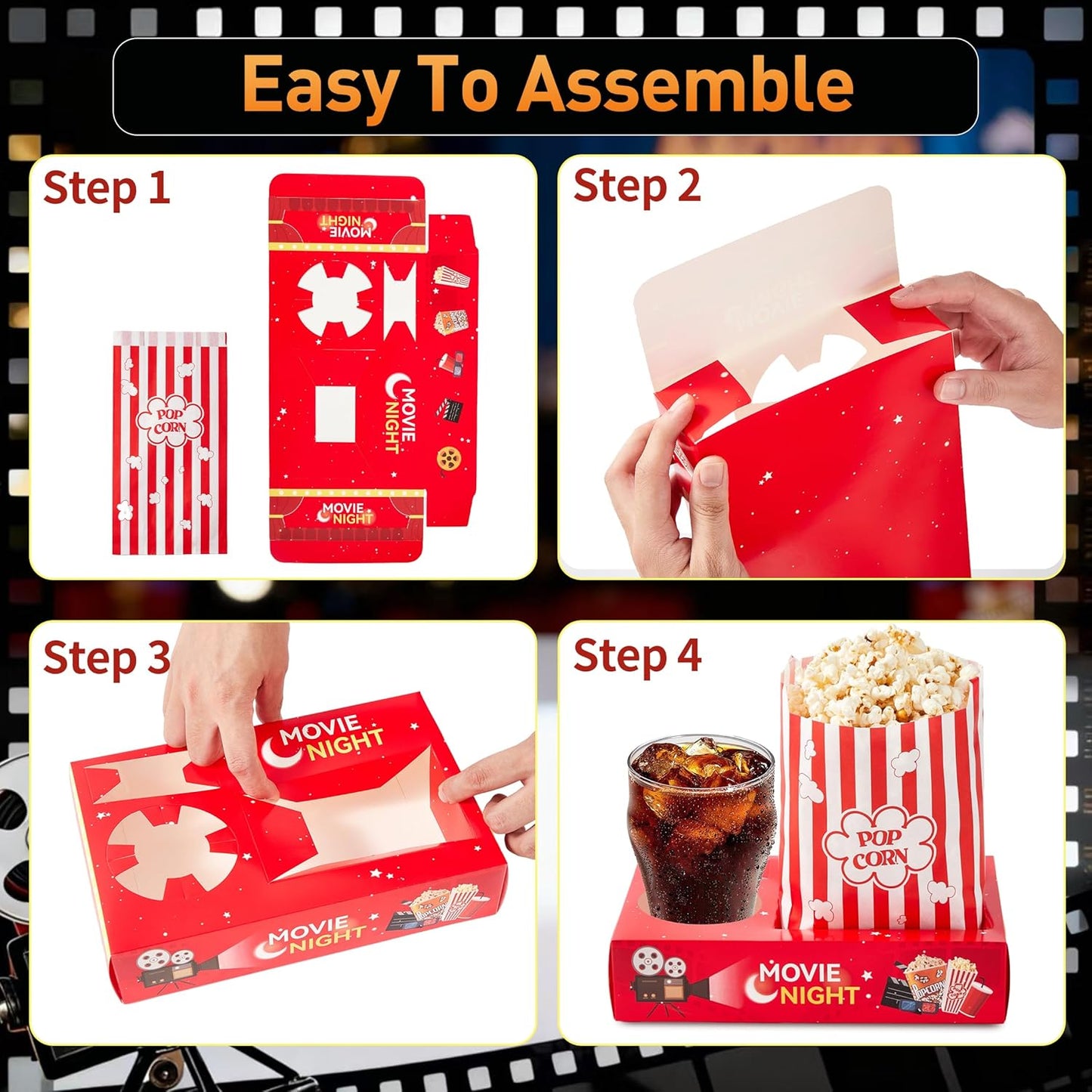 24Pcs Movie Night Supplies Disposable Paper Movie Snack Trays (12ct) and Retro Style Large Capacity Popcorn Bags(12ct), Drink & Candy Snack Boxes for Cinema Family Birthday Parties