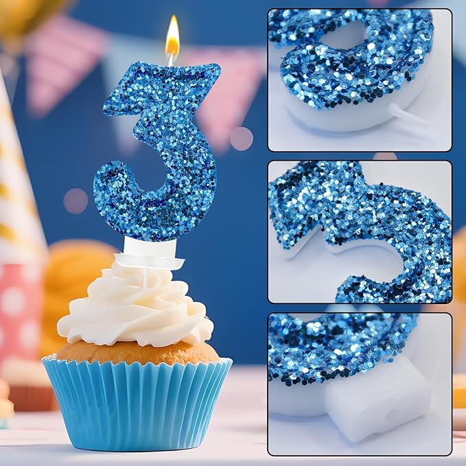 Zailo Birthday Number Candles, Glitter Number Candle Cake Decorations with Sequins, Cupcake Decorations for Girls, Women, Party Anniversary Celebrations (Number 3, Blue)