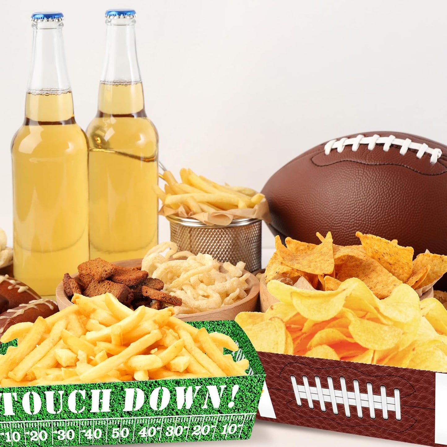50 Pcs Football Party Decorations, Disposable Football Paper Snack Trays, Large Serving Boats for Super Bowl Party, Birthday, Tailgate & Sports Theme Events – 2 Designs