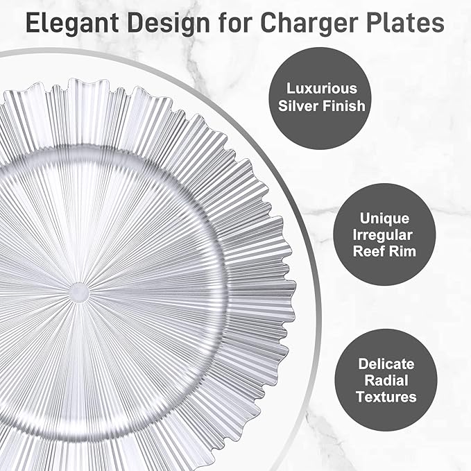 6 Pcs Silver Charger Plates,13 Inch Elegant Fluted Edge Plastic Charger Plates Reusable Table Chargers for Dinner Birthday Wedding Party Bridal Showers Tableware Dishes Luxury Decor