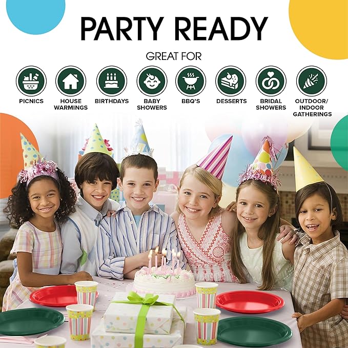 Party Solids Green & Red Plastic Plates For Party Supplies, Green & Red Disposable Plates 100 Pieces - 50-7" & 50-9" Heavy Duty 350 GSM Disposable Dinnerware Sets, Plastic Dinnerware Sets