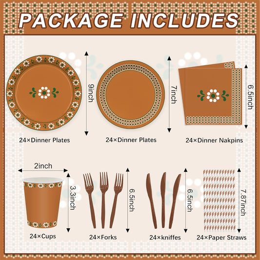 168PCS Mexican Party Supllies for Kids Platos De Barro Mexicanos Party Decorations Terracotta Themed Tableware Clay Pottery Fiesta Plates Cups Napkins Cups Forks Knives and Straws for 24 Guests