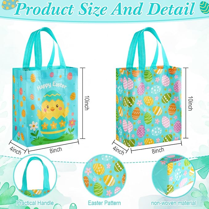 Wovnet 30 Pcs Easter Gift Bags Pastel Colors Easter Eggs Goodie Treat Tote Bags with Handle Reusable Non Woven Eggs Party Favor Pouch for Spring Party Supplies 10 x 8 x 4in