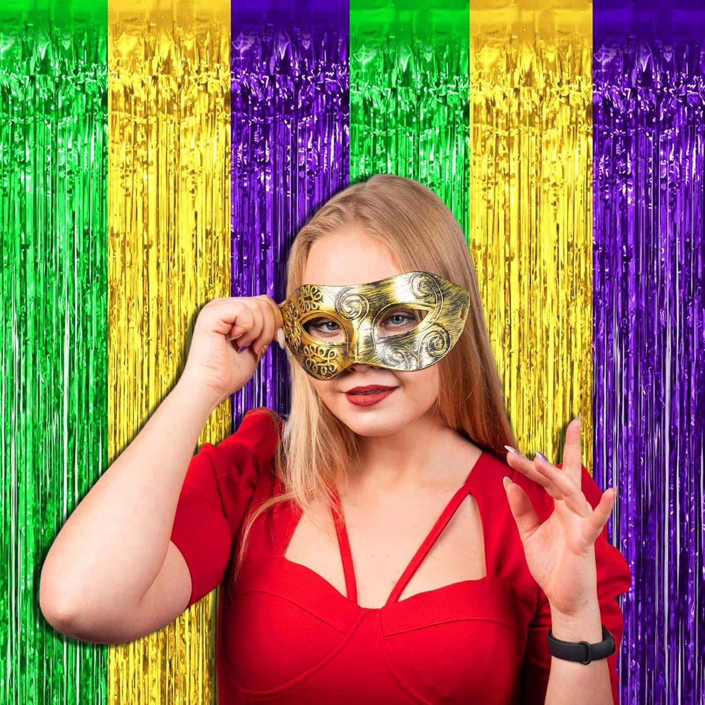 4 Pack Mardi Gras Foil Fringe Curtain Backdrop, 3.28Ft x 6.56Ft Gold Green Purple Metallic Tinsel Foil Fringe Streamers Curtains for Photo Booth, Wedding, Birthday, Carnival Party Decoration