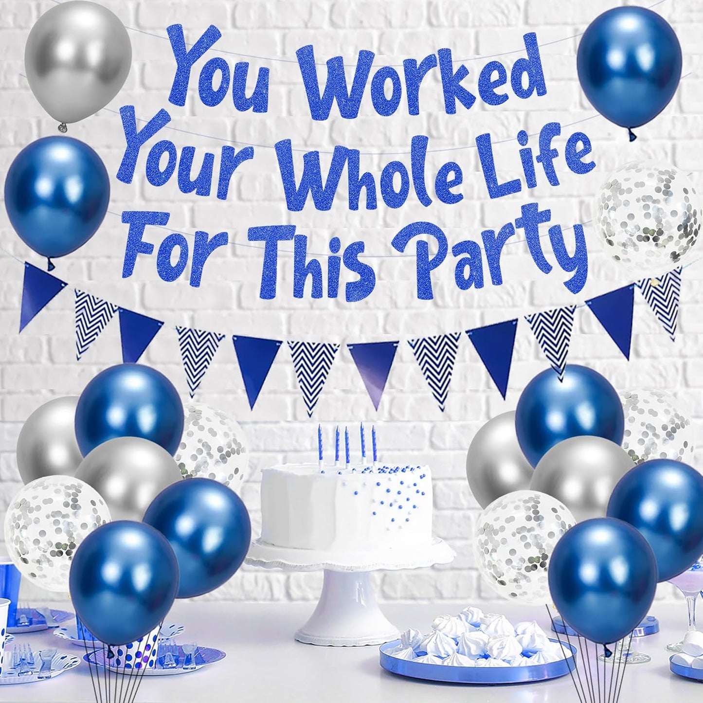 Holkcog You Worked Your Whole Life for This Party Blue Silver Glitter Banner, Funny Retirement Decorations Supplies Gifts, Blue and Silver Glitter Perfect for Office Coworker Goodbye Party Decor