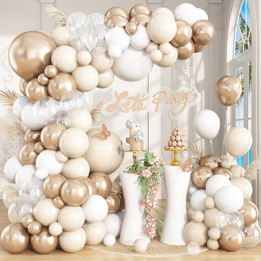 White Sand Champagne Gold Balloon Garland Arch Kit, 148Pcs Neutral Clear Balloons for Baby Shower Wedding Bridal Shower Anniversary Engagement Birthday Party Decorations