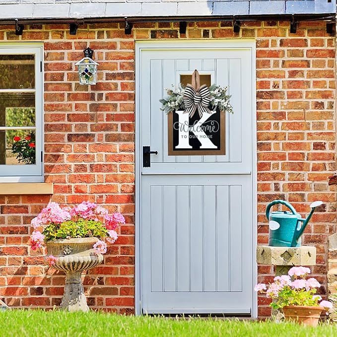 Last Name Year Round Front Door Wreath Front Porch Decoration 26 Letter Welcome Sign with Eucalyptus Garland and Bow Spring Wreaths for Front Door Outside Hanger Garland（K）
