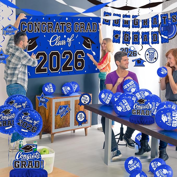 Graduation Decorations 2026 Set - Congrats Grad Banner, Class of 2026 Backdrop, Balloons & Streamers Kit - Complete Party Supplies for High School & College Celebrations