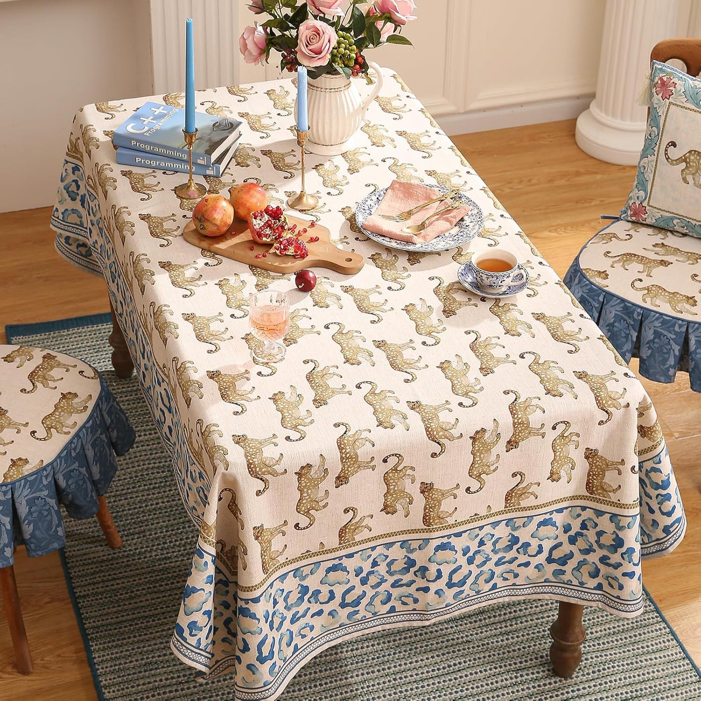 patdrea Designer Vintage Linen Long Table Cloth for Rectangle Table,Leopard Animal Pattern Soft Breathable Tablecloth,Decor Cover for Kitchen Dining,Christmas,Parties,Thanksgiving,63"x102"-from