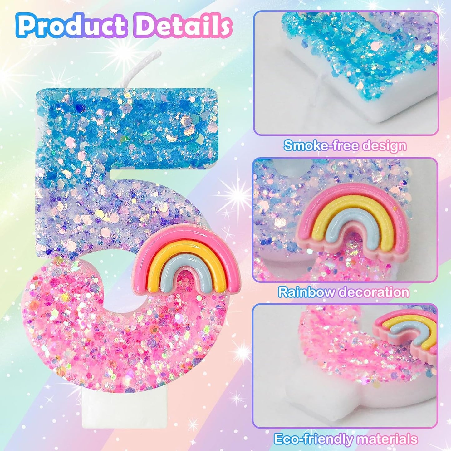 Rainbow Birthday Number Candles, Number 5 Candles, Cupcake Decorations, Macaron Birthday Cake Decorations, Cartoon Theme Party Supplies (Number 5)
